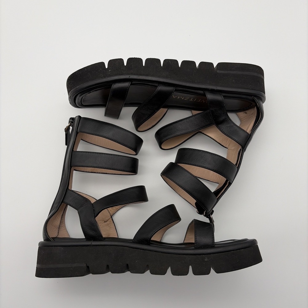 Stuart Weitzman Gala Lift Gladiator Black Leather Strappy Ankle Zip Sandals